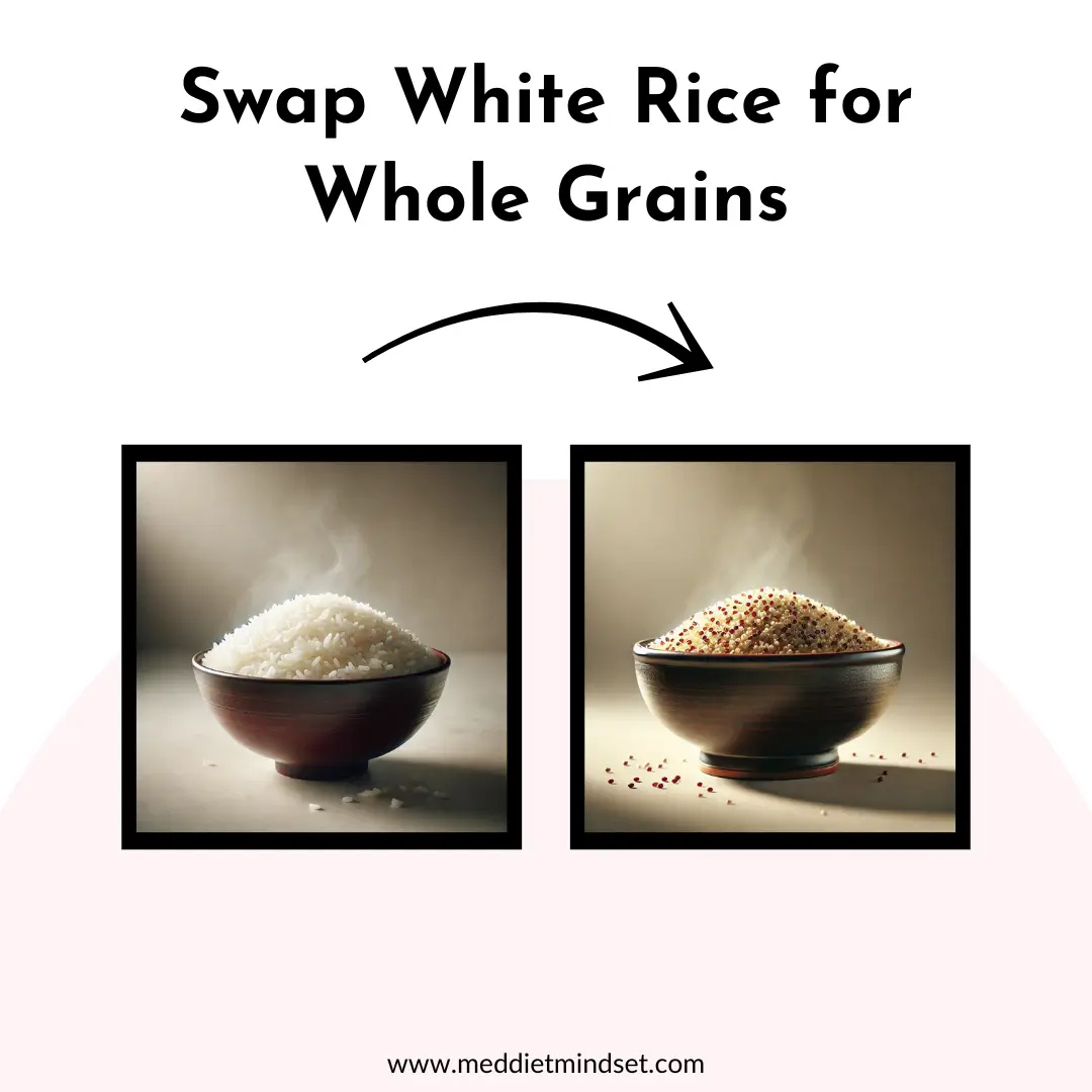 Steaming bowls: left shows white rice, right features a mix of whole grains like quinoa with a swap arrow.