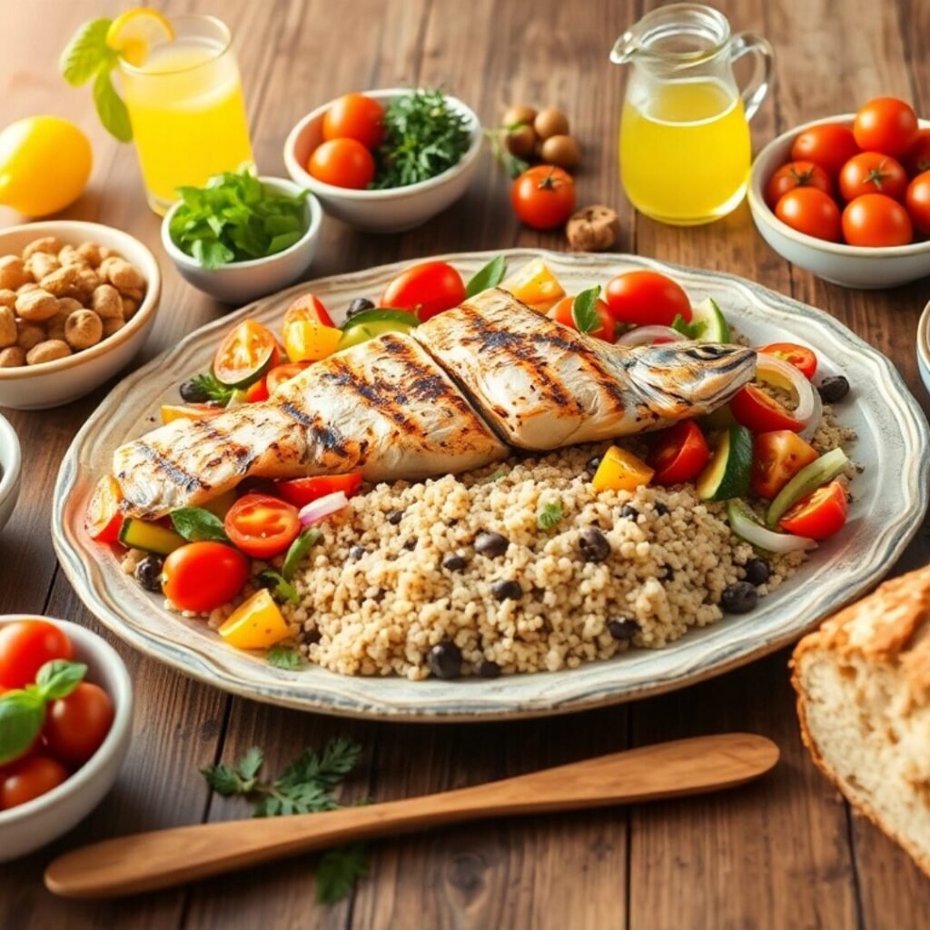 A healthy and delicious meal of grilled fish, couscous, and vegetables sits on a wooden table with other ingredients, a loaf of bread, and other dishes. This is a beautiful representation of "the Best in 2025."