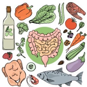 A cartoon illustration of the human intestines surrounded by a variety of Mediterranean Diet Foods.