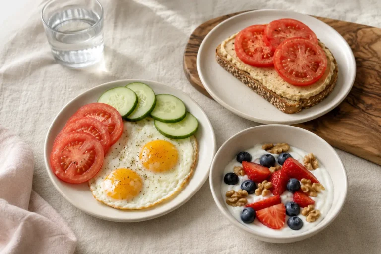 Three Mediterranean breakfast options for PCOS: eggs with tomatoes and cucumber, Greek yogurt with berries and walnuts, and hummus toast with tomatoes.