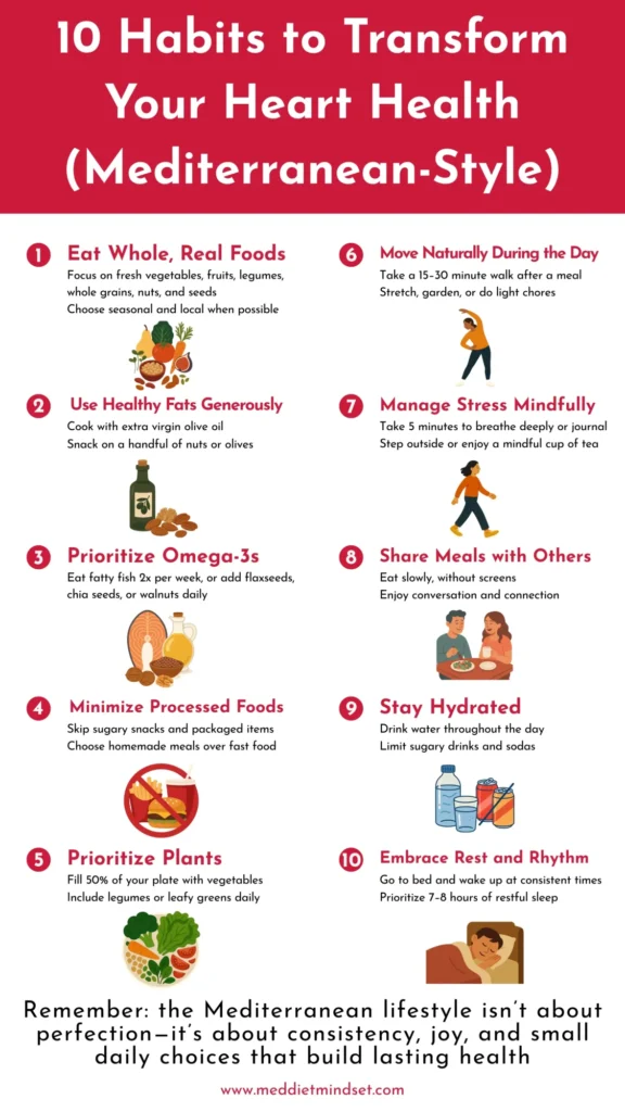 Infographic showing 10 daily lifestyle habits from the Mediterranean diet for heart health, including eating real foods, using olive oil, managing stress, staying active, and staying hydrated.