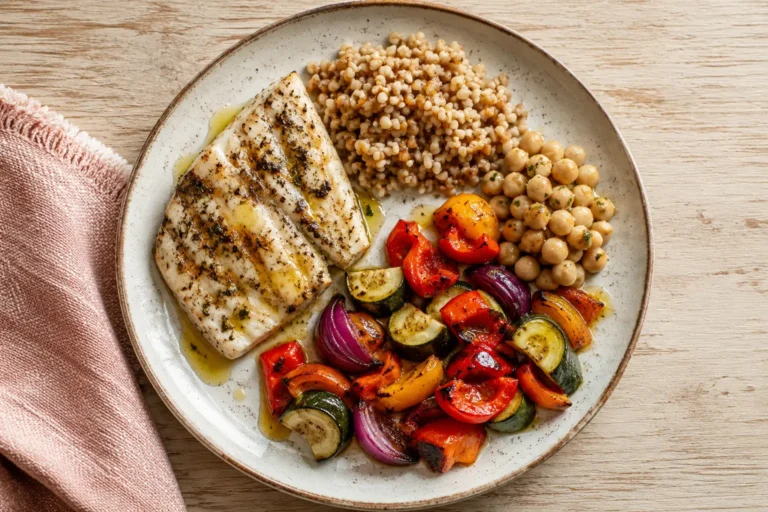 Mediterranean plate with grilled fish, whole grains, chickpeas, roasted vegetables, and an olive oil drizzle for PCOS
