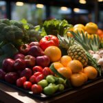 A variety of fresh fruits and vegetables, including broccoli, apples, oranges, and garlic, are arranged on a wooden table, representing the ingredients of a Mediterranean Diet.