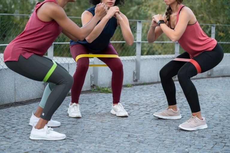 Three women wearing workout clothes squat using resistance bands, demonstrating a strength training exercise outdoors.