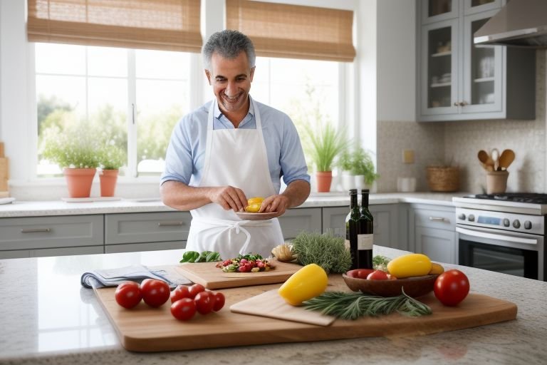 A man in an apron prepares a meal in his kitchen, surrounded by colorful ingredients. He is smiling as he holds a plate of food.