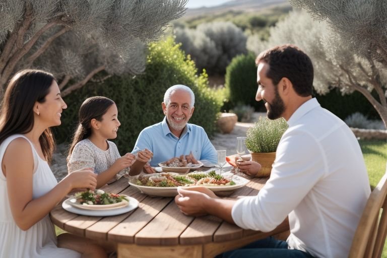 A family enjoys a meal together outdoors, with a grandfather, a father, a mother, and a young daughter. They are sitting at a wooden table with food and drinks in front of them. The scene is warm and inviting.