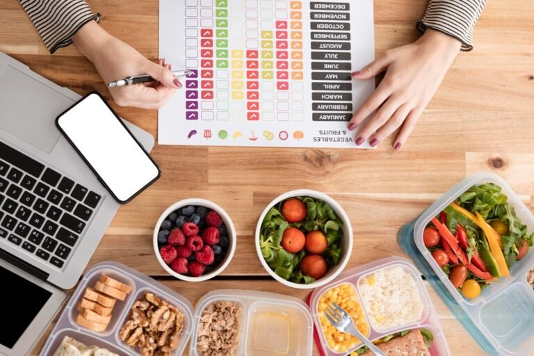 A dietician writing a meal plan surrounded by a laptop and dishes full of Mediterranean diet foods