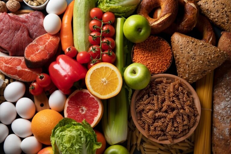 A variety of healthy foods, including fruit, vegetables, nuts, meat, and pasta, are arranged on a gray surface.