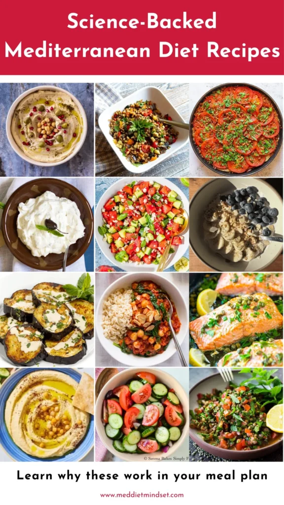Collage of science-backed Mediterranean diet meal plan recipes including hummus, salads, roasted vegetables, salmon, and grain bowls.