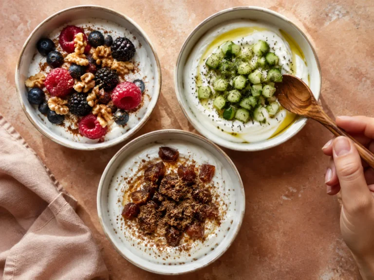 Three Greek yogurt bowls topped with berries and walnuts, dates and cinnamon, or cucumber and olive oil for PCOS-friendly meals and snacks.