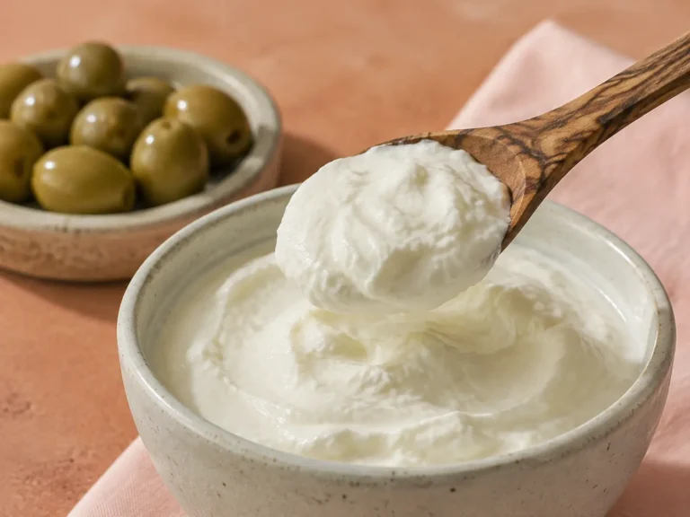 Spoonful of thick Greek yogurt beside a bowl of green olives for an article about Greek yogurt for PCOS.