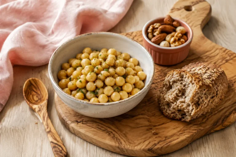 Bowl of chickpeas with mixed nuts and whole-grain bread for an article about chickpeas for PCOS.