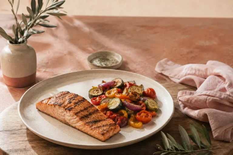 Grilled salmon with roasted vegetables for an article about Mediterranean diet mistakes with PCOS.