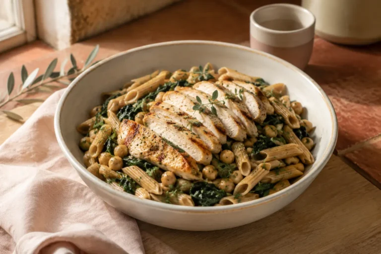 Large bowl of whole-grain pasta with chickpeas, spinach, and grilled chicken for an article about Mediterranean diet mistakes with PCOS.