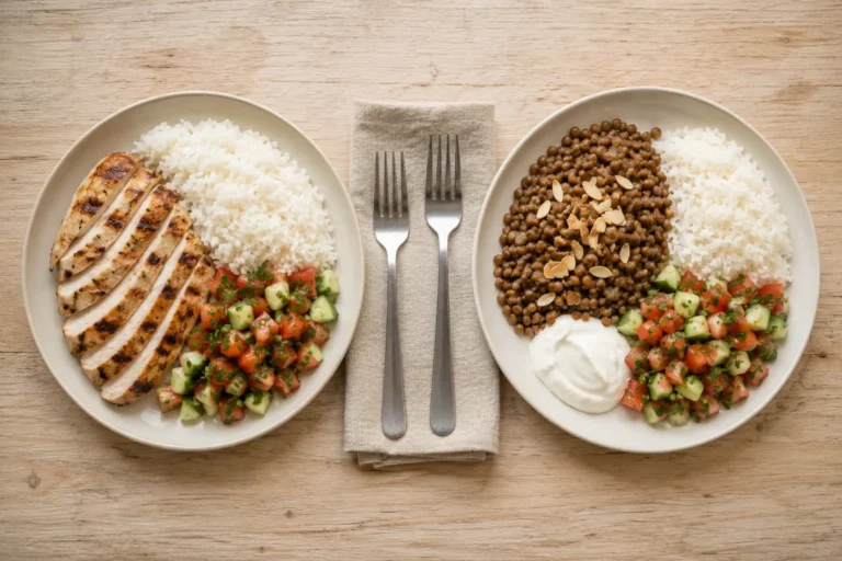 Balanced meals with chicken or lentils, rice, and salad for an article about getting pregnant with PCOS.