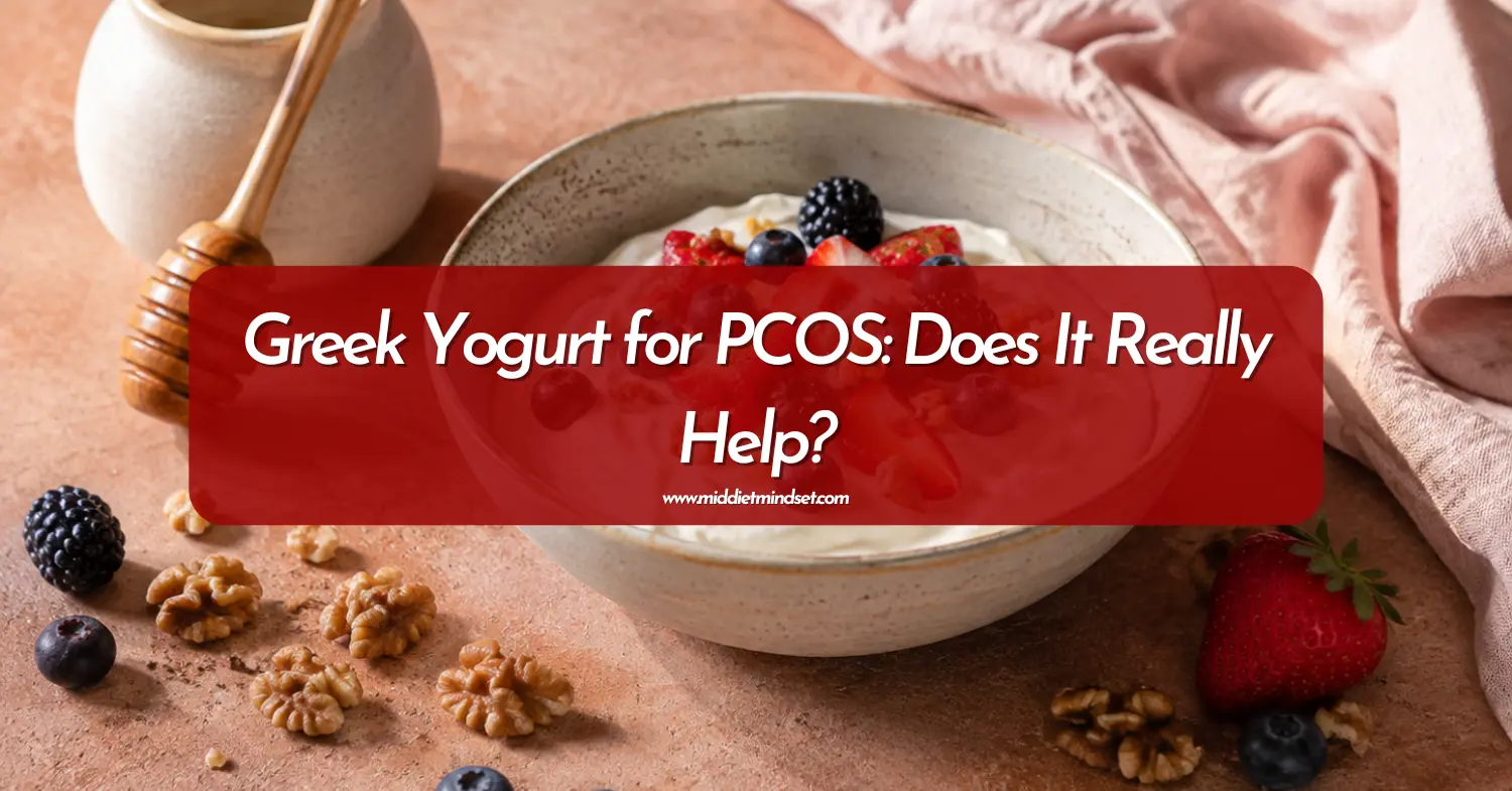Greek yogurt bowl topped with berries and walnuts with text reading “Greek Yogurt for PCOS: Does It Really Help?