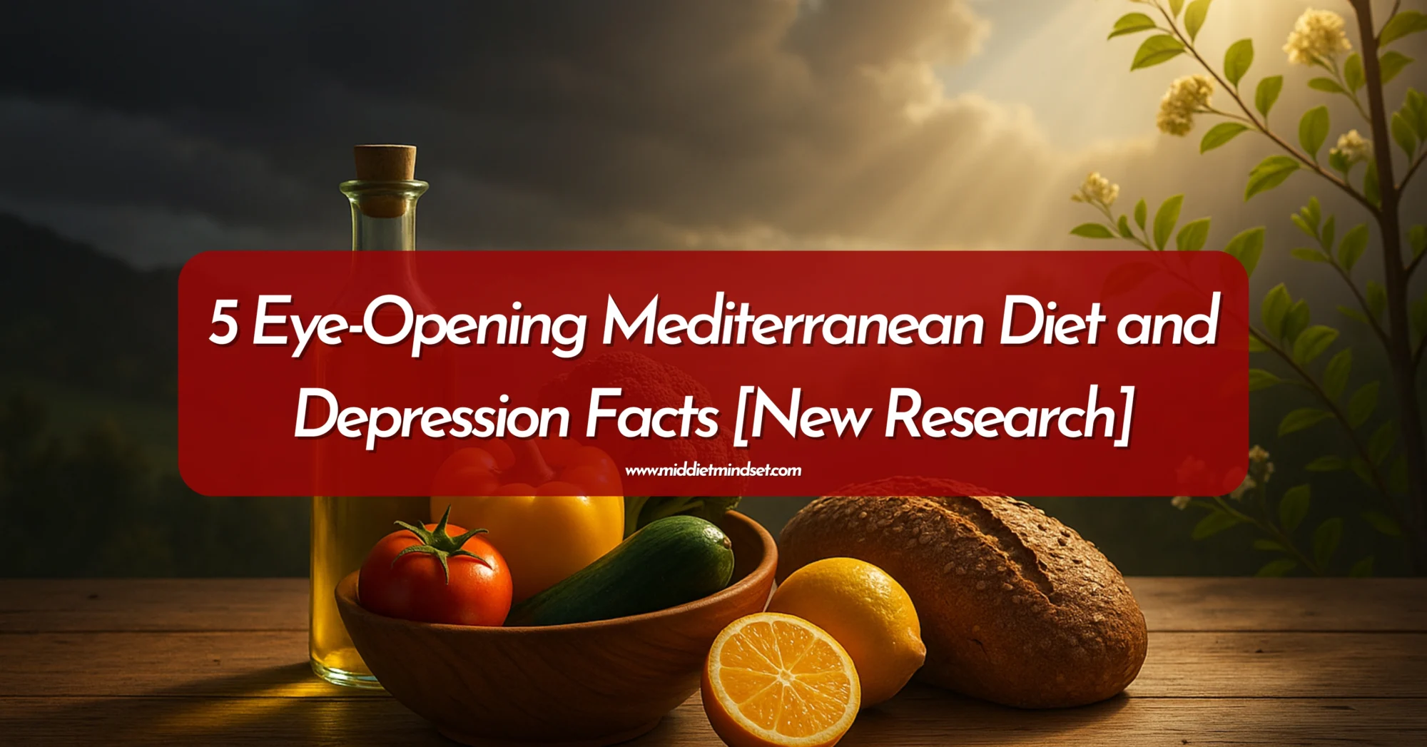 Mediterranean Diet and Depression – fresh vegetables, olive oil, and whole-grain bread symbolizing how Mediterranean foods support better mood and brain health.