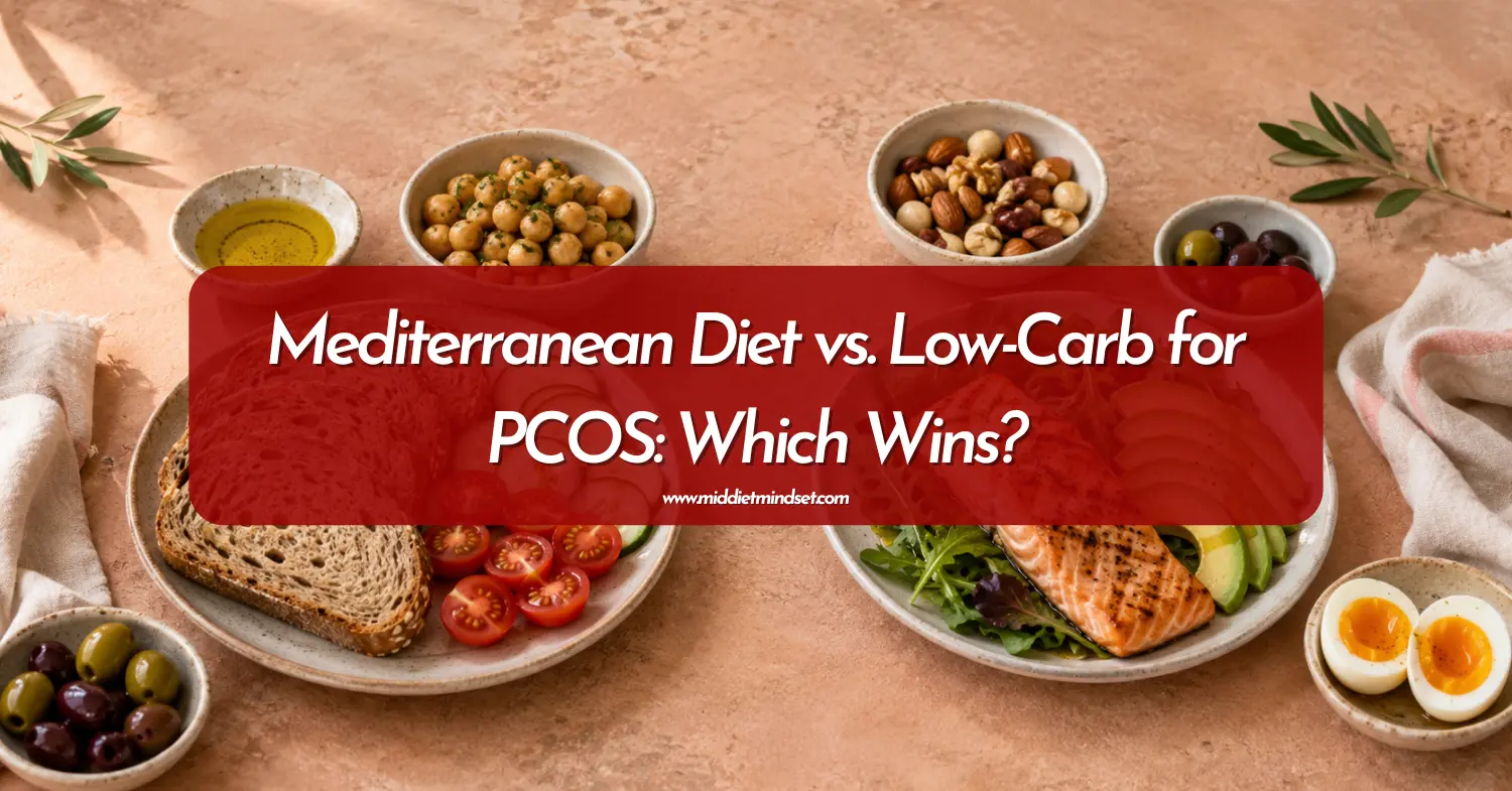 Mediterranean and low-carb meal plates with salmon, avocado, eggs, whole-grain bread, tomatoes, chickpeas, nuts, and olives for a PCOS diet comparison.