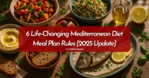 Mediterranean diet meal plan spread with olive oil, hummus, whole grains, grilled fish, roasted vegetables, fresh herbs, and lemon on rustic table.