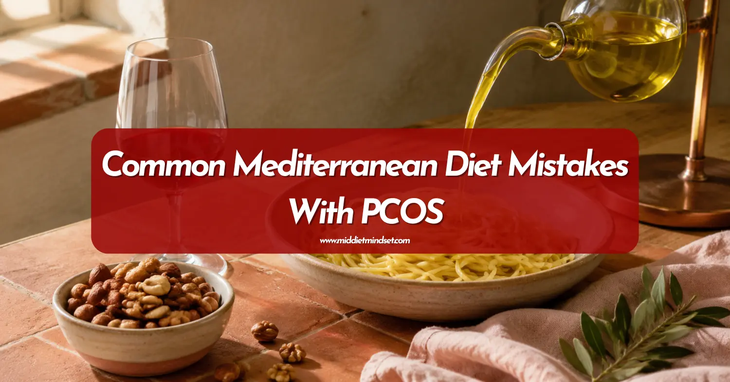 Pasta, mixed nuts, and olive oil with text reading “Common Mediterranean Diet Mistakes With PCOS.