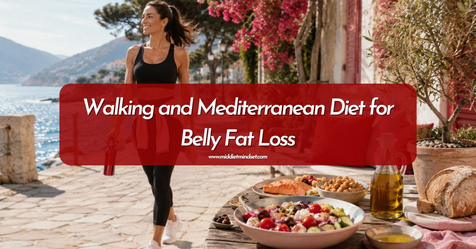 Mediterranean Diet Belly Fat featured image showing a woman walking along a sunny seaside path beside Mediterranean foods like salad, olive oil, chickpeas, salmon, and bread.