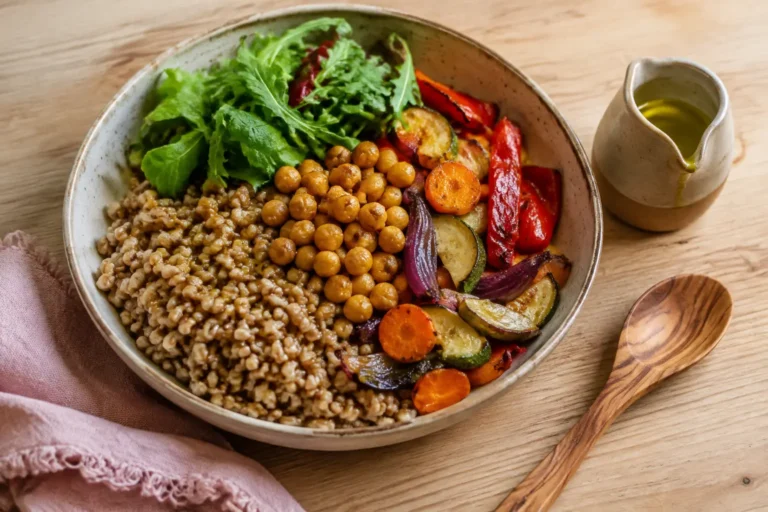 Mediterranean grain bowl with chickpeas, roasted vegetables, leafy greens, and olive oil for PCOS.