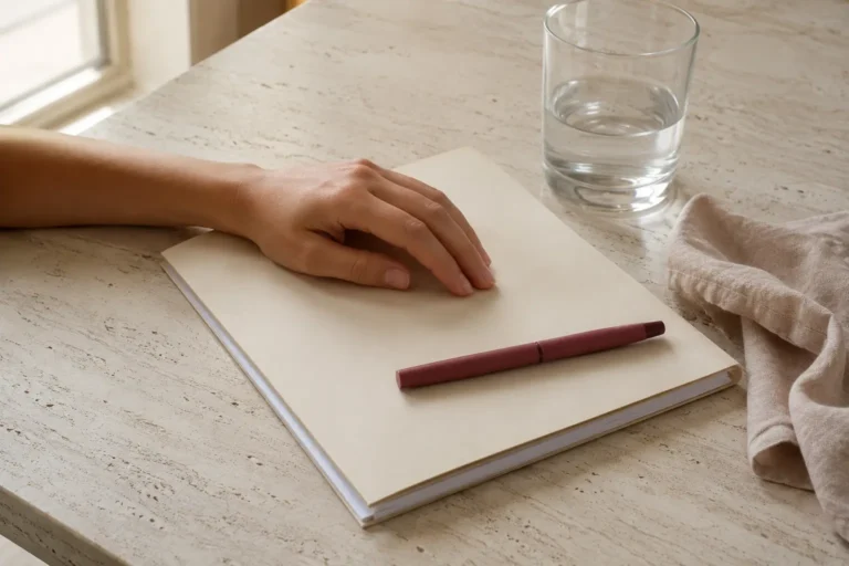 Woman’s hand resting on a closed notebook beside a pen and water while considering the PCOS name change.