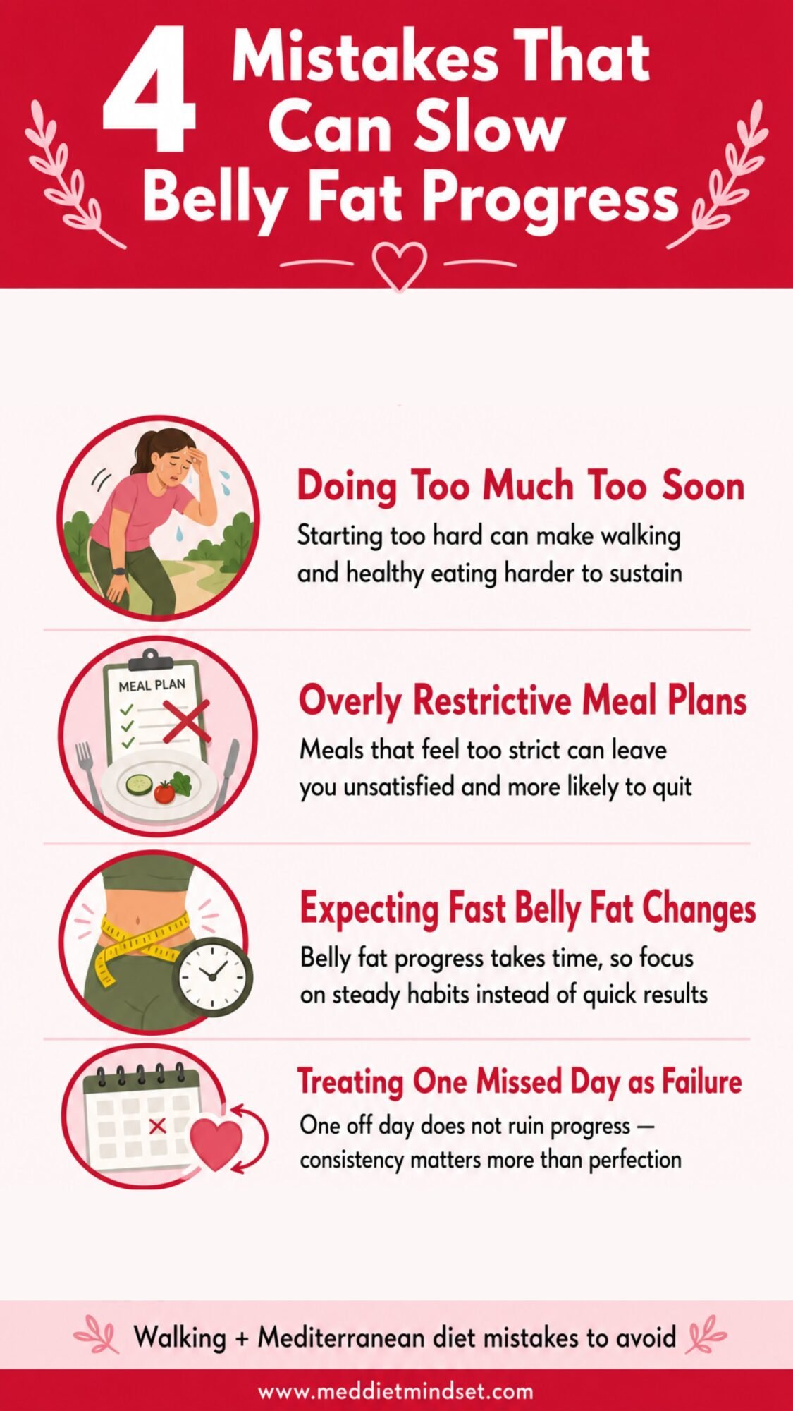 Mediterranean Diet Belly Fat infographic showing four mistakes that may slow belly fat progress, including doing too much too soon, restrictive meal plans, expecting fast results, and treating one missed day as failure.