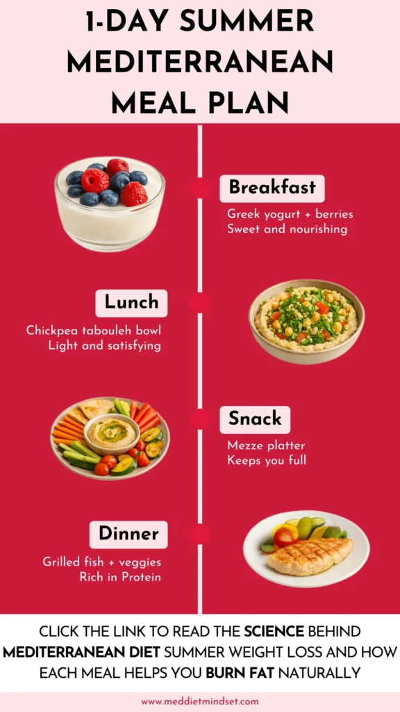 Infographic of a 1-day Mediterranean meal plan designed for Mediterranean Diet summer weight loss. Includes Greek yogurt with berries for breakfast, chickpea tabouleh for lunch, a mezze platter snack, grilled fish with veggies for dinner, and a science-backed call to action.