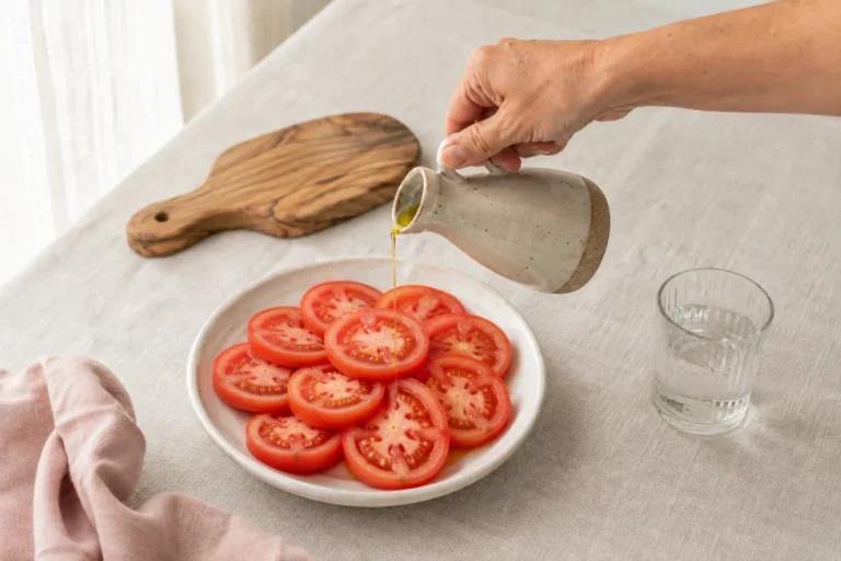 Hand drizzling olive oil over sliced tomatoes for a Mediterranean breakfast for PCOS.
