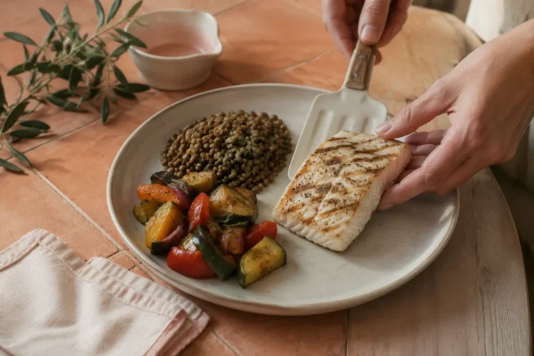 Hands adding grilled fish to a plate with lentils and roasted vegetables for an article about Mediterranean diet mistakes with PCOS.