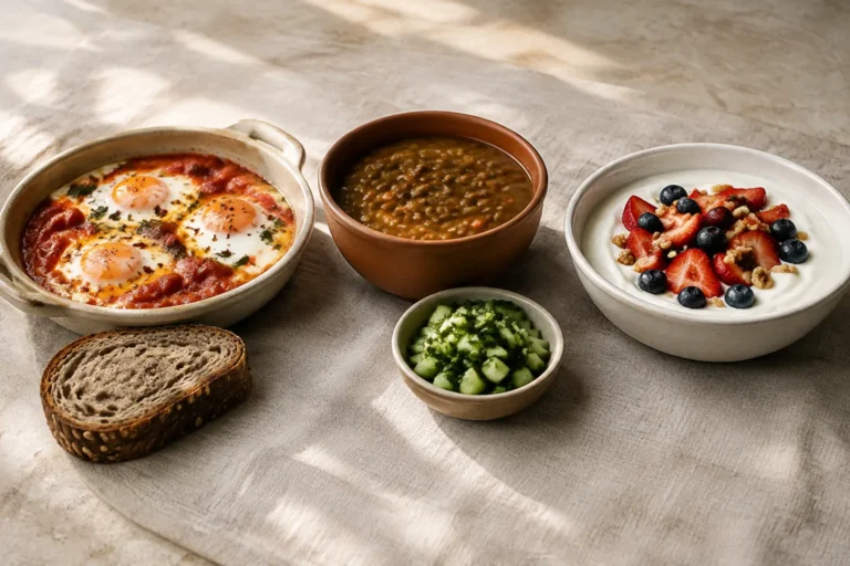Balanced meals with eggs and tomatoes, lentil soup, whole-grain bread, salad, and Greek yogurt for an article about crash diets and PCOS.