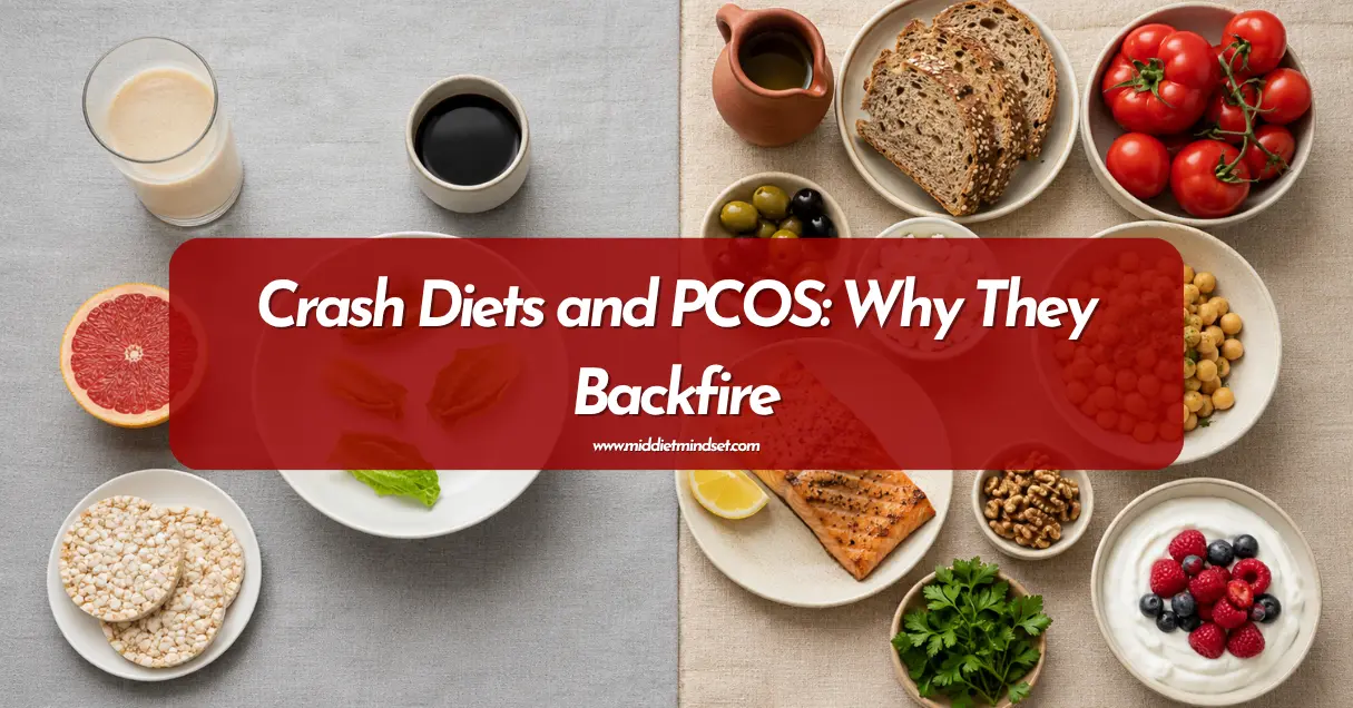 Crash diets and PCOS featured image comparing restrictive food choices with balanced Mediterranean foods.