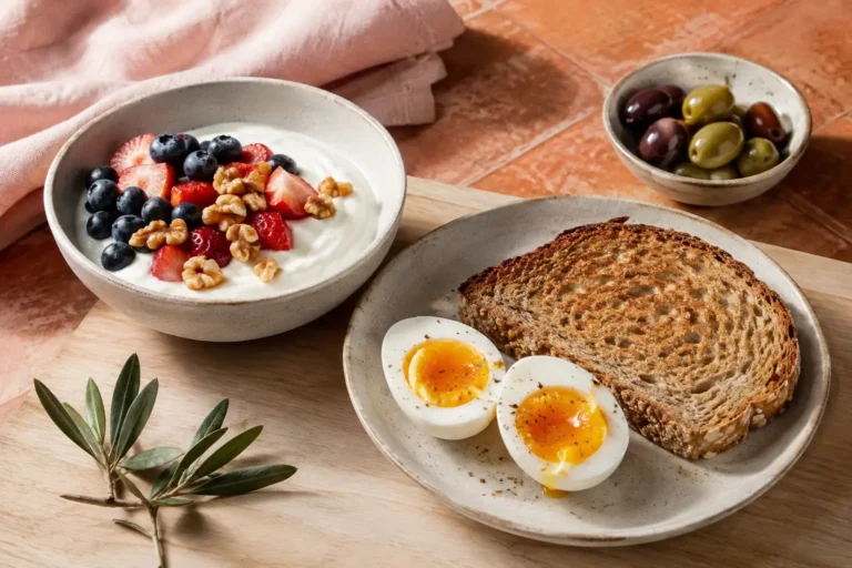 Greek yogurt with berries and walnuts beside eggs, whole-grain toast, and olives for an article about Mediterranean diet mistakes with PCOS.