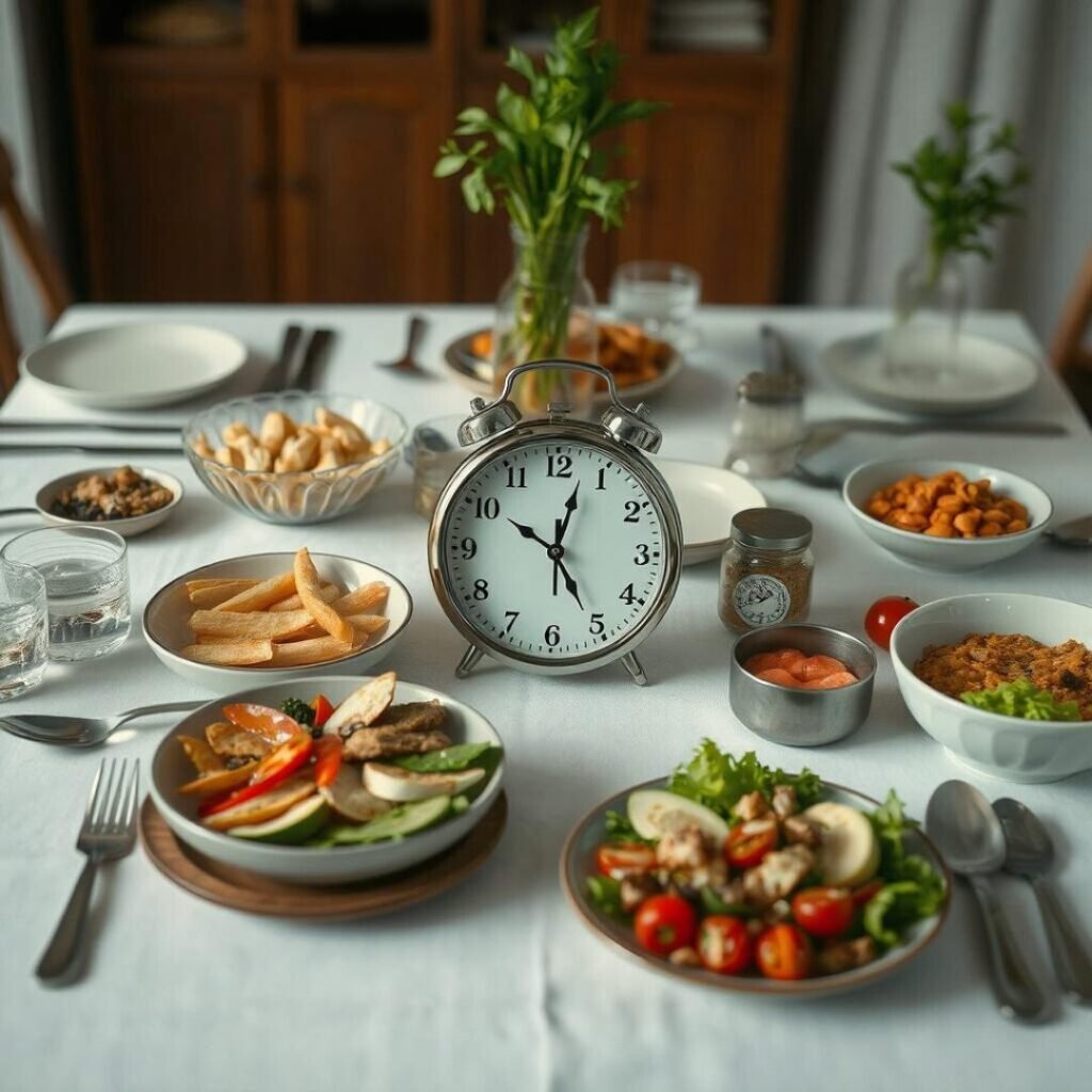 a table set with various healthy meals, emphasizing the concept of timed eating or intermittent fasting with a clock prominently displayed.

