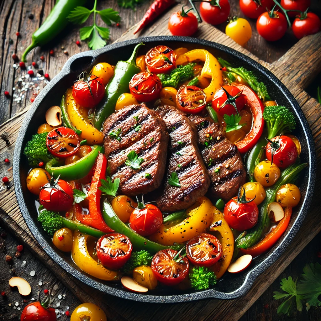 grilled steak slices sit atop a medley of roasted vegetables — bell peppers, cherry tomatoes, and broccoli — in a cast iron skillet.