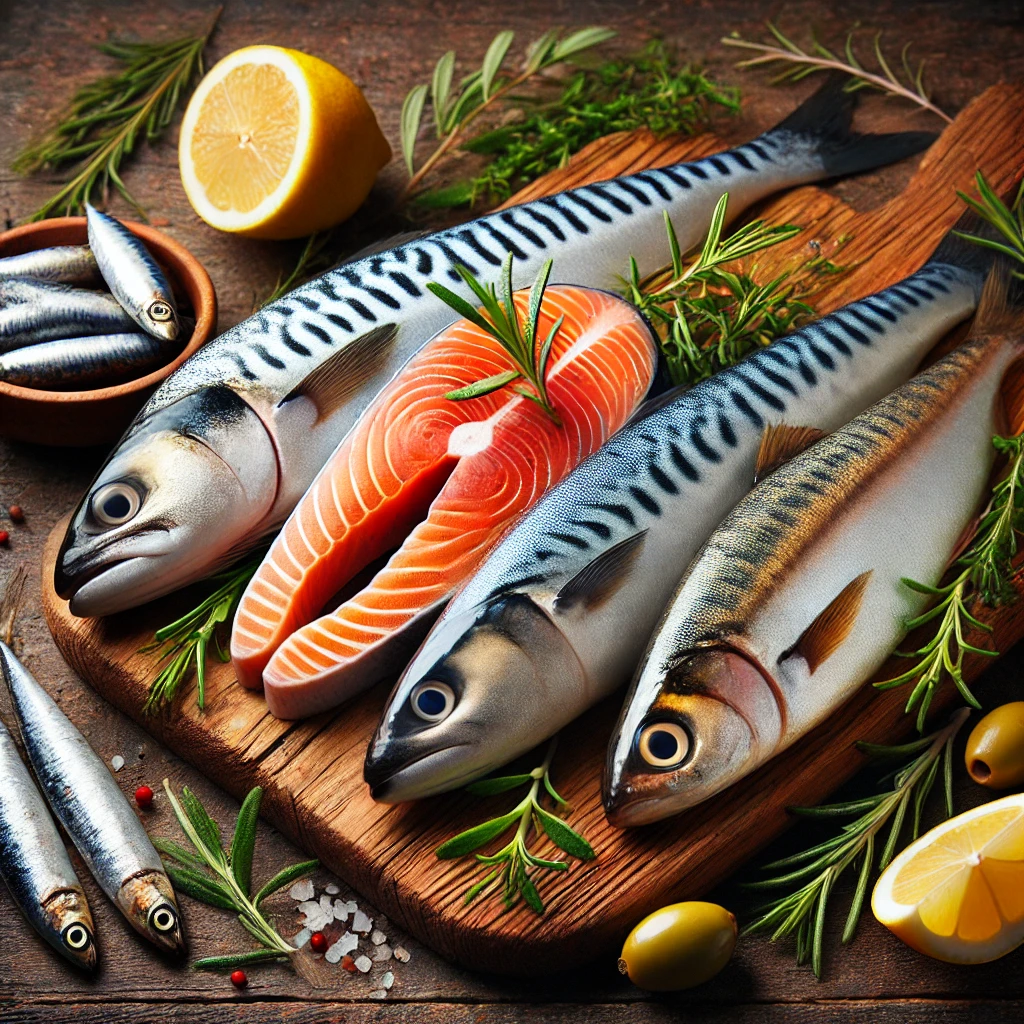 Fresh fish for weight loss: mackerel, trout, and a salmon fillet are displayed on a wooden board with herbs and lemons. A healthy, delicious meal.