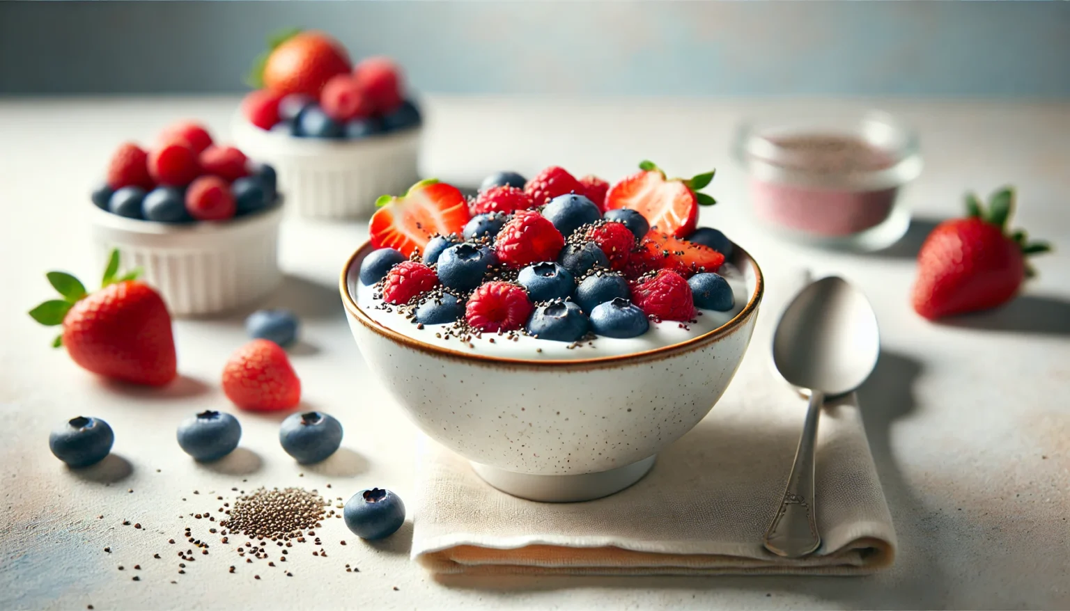 Greek yogurt bowl with fresh berries and chia seeds