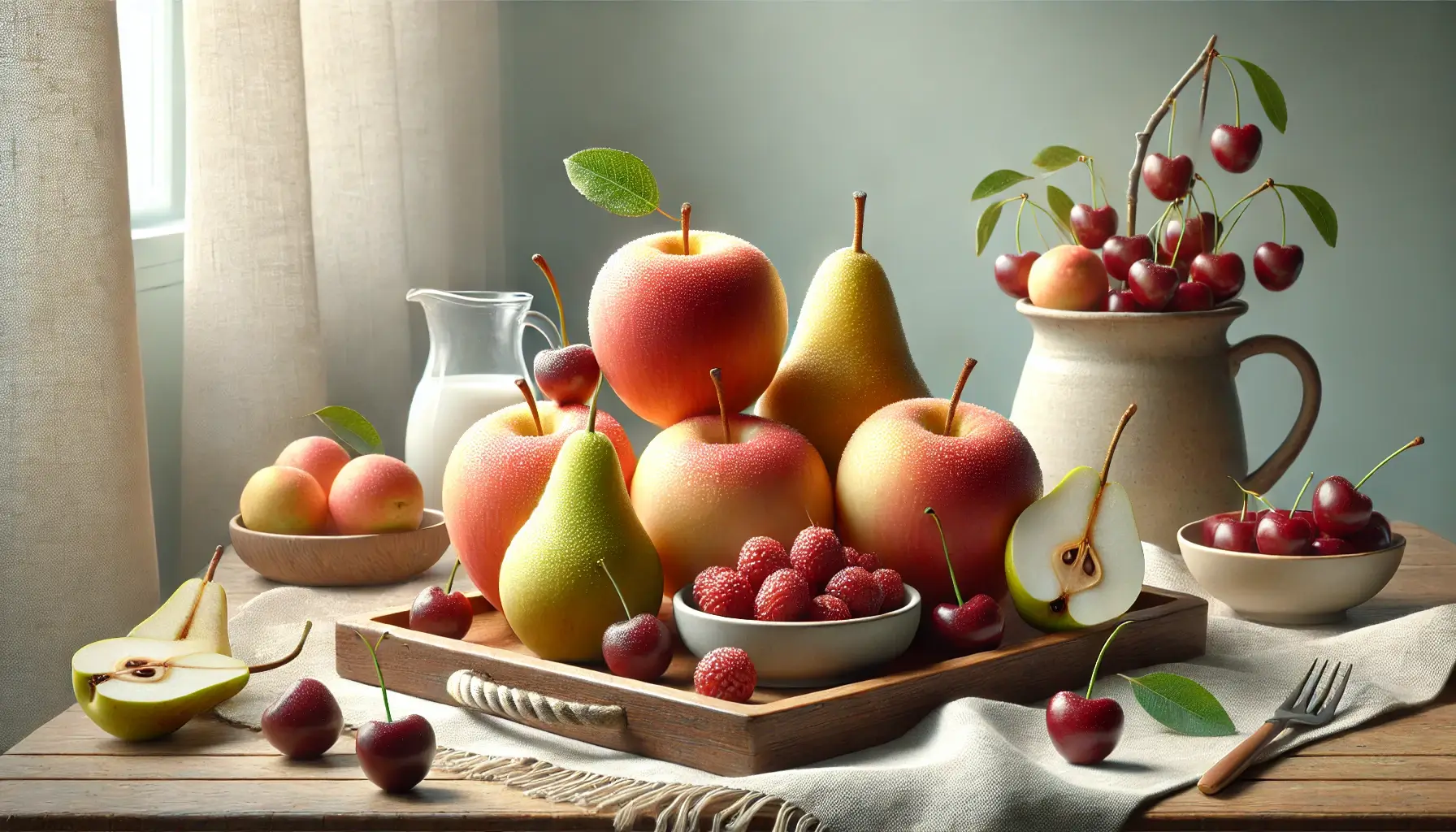 low-glycemic fruits, including apples, pears, and cherries, displayed in a natural and fresh arrangement