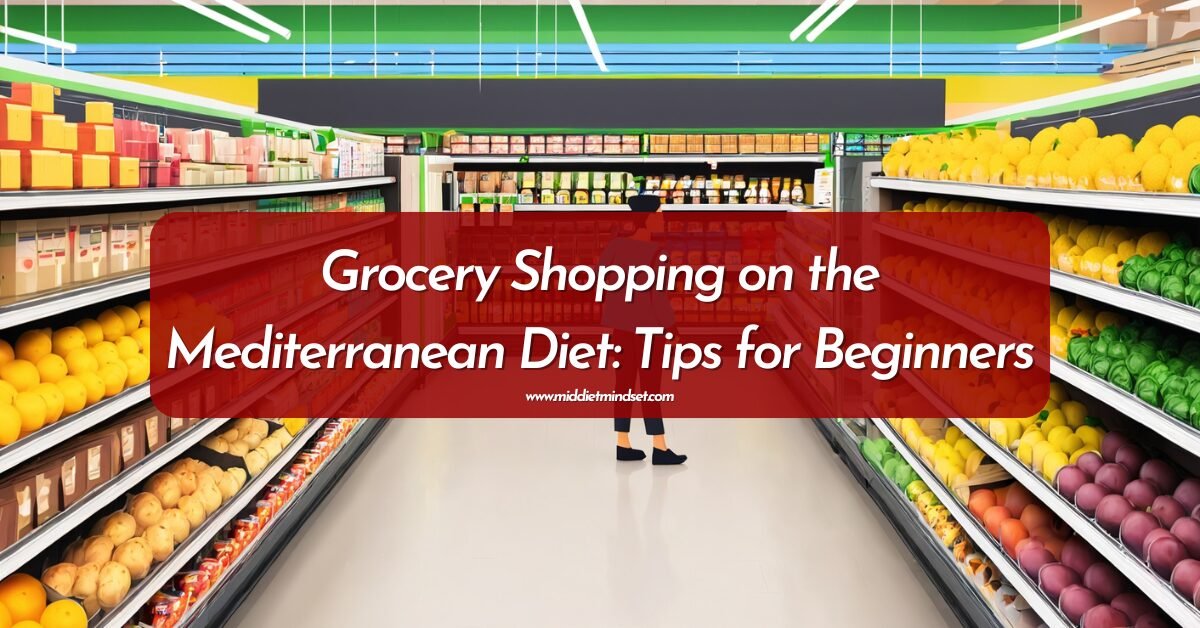 A shopper stands in the middle of a grocery store aisle, surrounded by a wide variety of fresh produce and packaged goods.