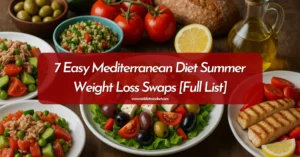 A vibrant Mediterranean meal featuring grilled salmon, Greek salad, tabbouleh, olives, and fresh vegetables—perfectly illustrating a Mediterranean diet summer weight loss approach with wholesome, seasonal ingredients
