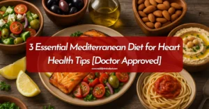 Top-down view of a Mediterranean-style meal with salmon, olive oil, chickpeas, almonds, salad, and pasta, illustrating key elements of the Mediterranean diet for heart health.