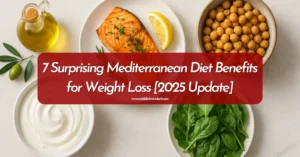 Top-down image showing Mediterranean fat-burning foods: a bottle of olive oil, grilled salmon with lemon, chickpeas, Greek yogurt, and fresh spinach—used as a blog cover image.