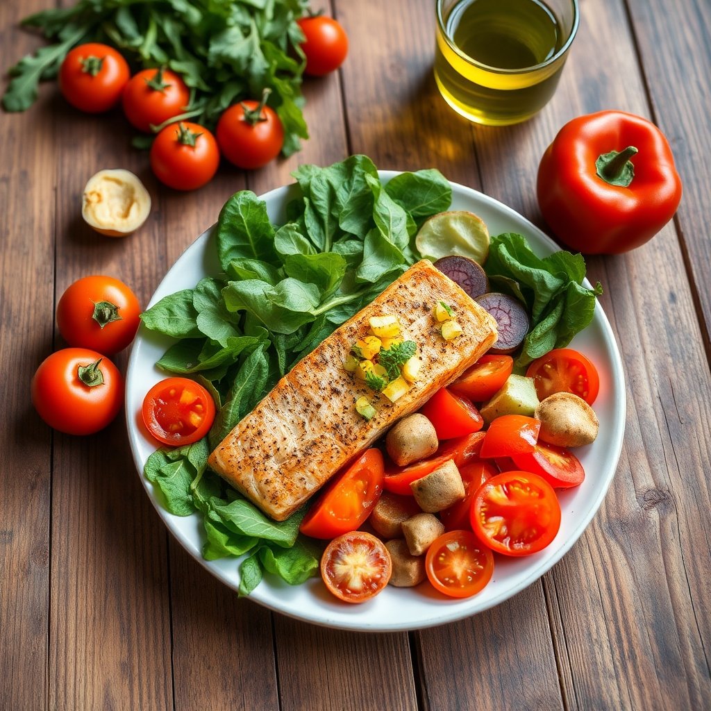 A white plate filled with a grilled salmon fillet, cherry tomatoes, baby bella mushrooms, and leafy greens on a wooden table.

