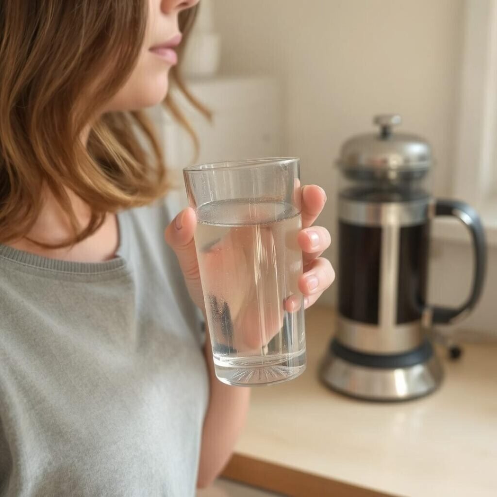 Close-up of a young woman's hand holding a glass of water. A French press coffee maker is out of focus in the background.