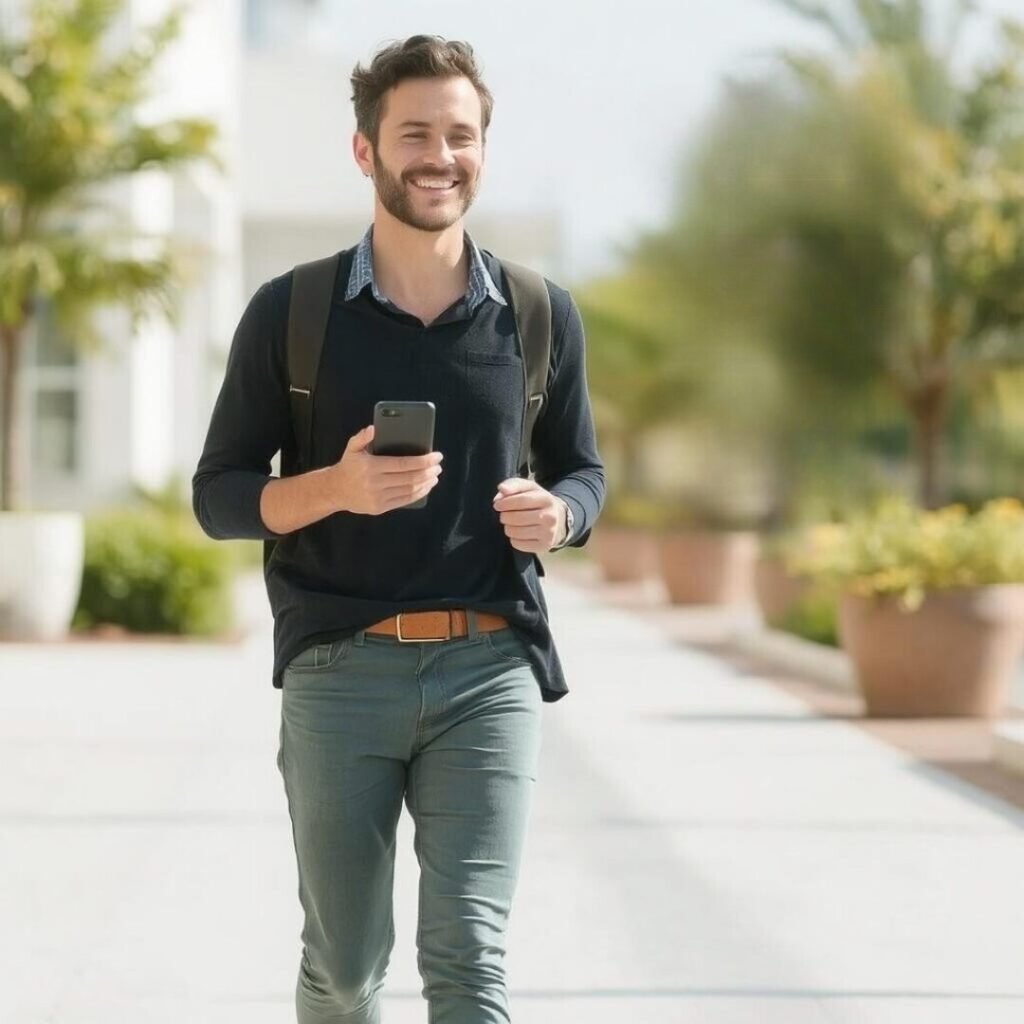 A happy young man with a beard walks down a sunny sidewalk, looking at his phone and smiling. He wears a dark sweater and green pants