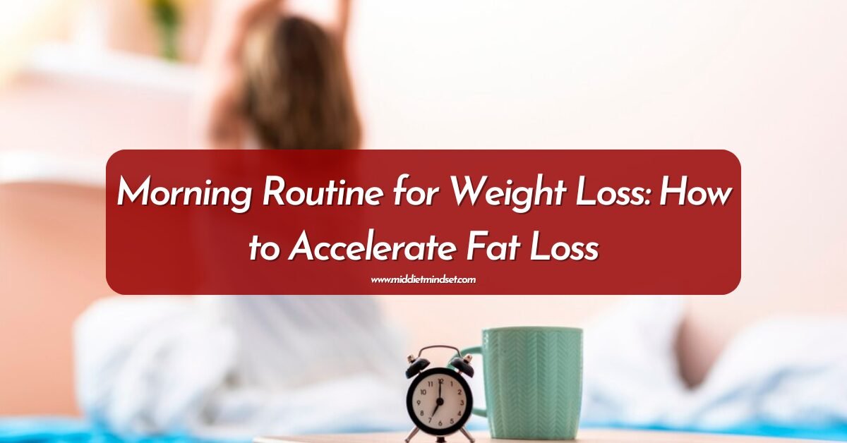 A blurred image of a woman waking up in bed is overlaid with text: "Morning Routine for Weight Loss: How to Accelerate Fat Loss". A clock and mug are in the foreground.