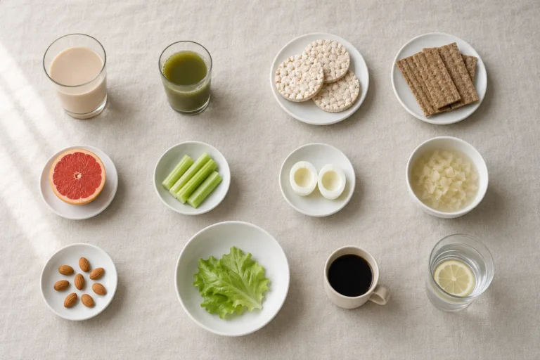 Small portions of rice cakes, crackers, celery, egg whites, lettuce, almonds, and diet drinks representing crash diets and PCOS.