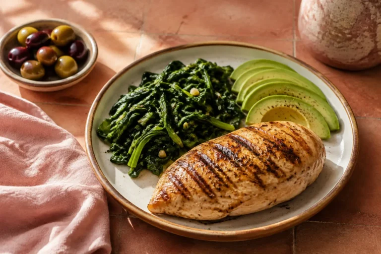 Low-carb plate with grilled chicken, sautéed spinach, sliced avocado, and olives for a PCOS diet comparison.