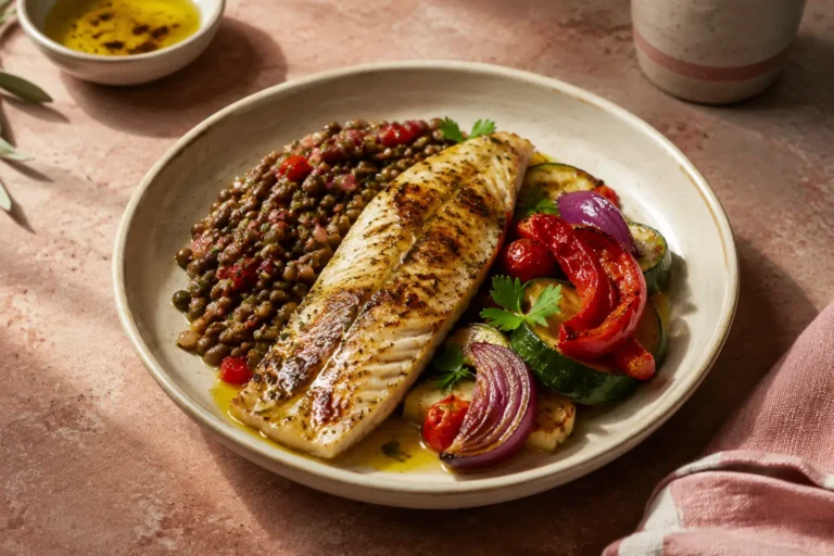 Grilled fish with lentils and roasted vegetables for a Mediterranean diet vs. low-carb PCOS comparison.